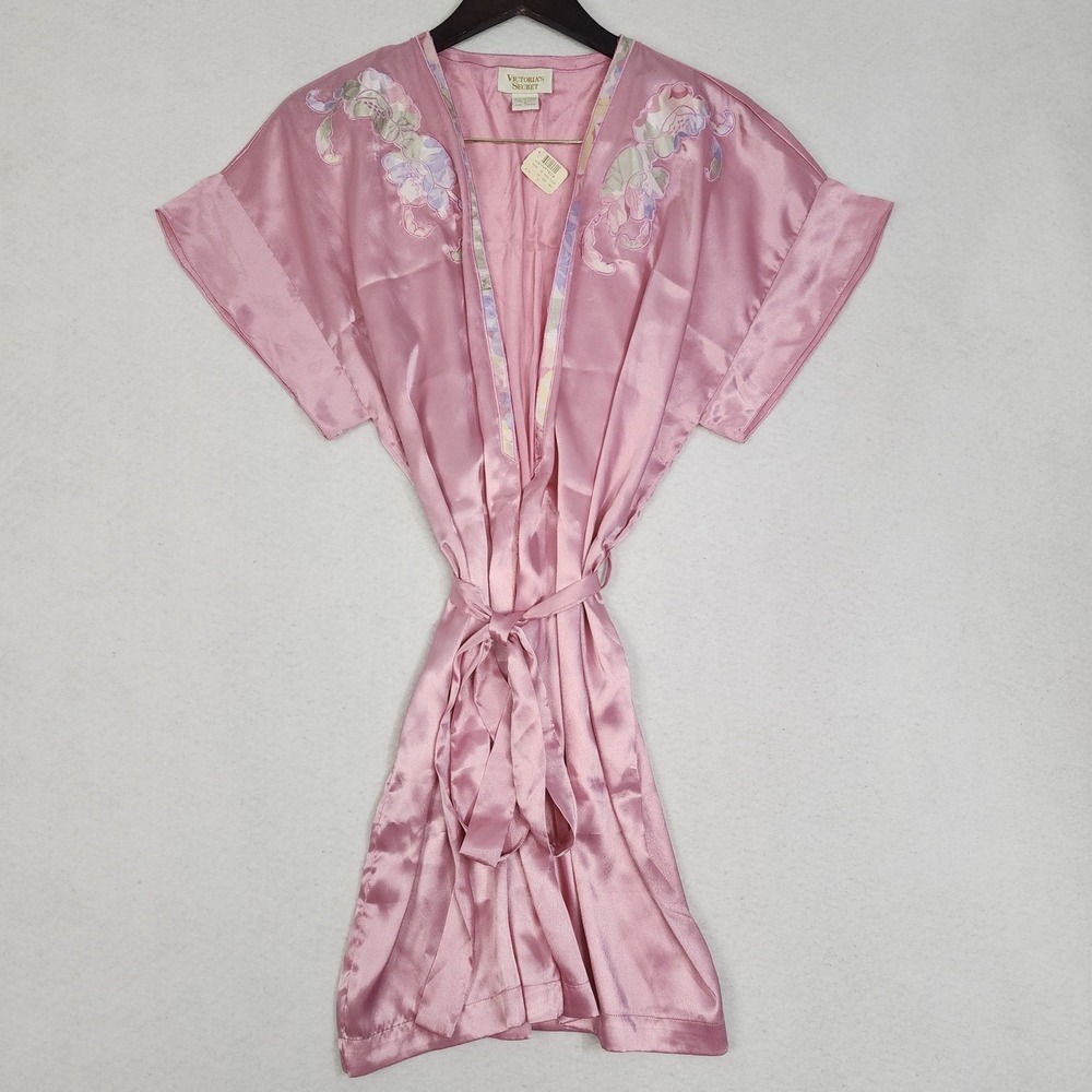 Vtg Gold Label Victoria's Secret Kimono Robe Womens Medium Pink Satin Floral NWT
